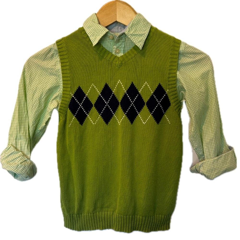*Boys Bundle* Lime Green Gingham Dress Shirt with Green/Blue Argyle Sweater Vest